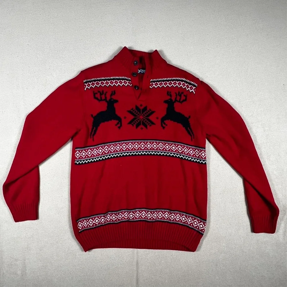 Chaps Sweater Mens Medium Red Reindeer Nordic 1/4 Button Cotton‎ Holiday Stretch